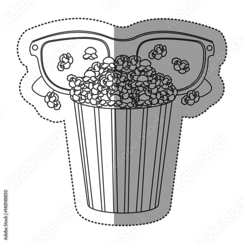 monochrome contour sticker with popcorn cup and glasses 3D vector illustration