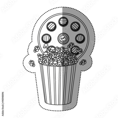 monochrome contour sticker with cinematography tape and popcorn vector illustration