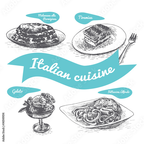 Monochrome vector illustration of Italian cuisine.