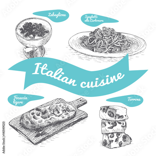 Monochrome vector illustration of Italian cuisine.