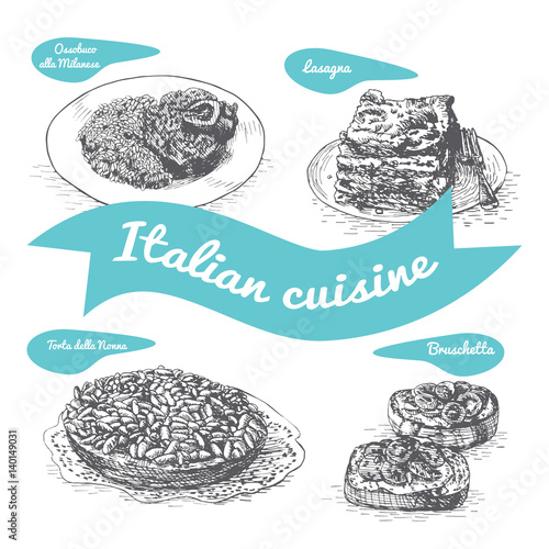 Monochrome vector illustration of Italian cuisine.