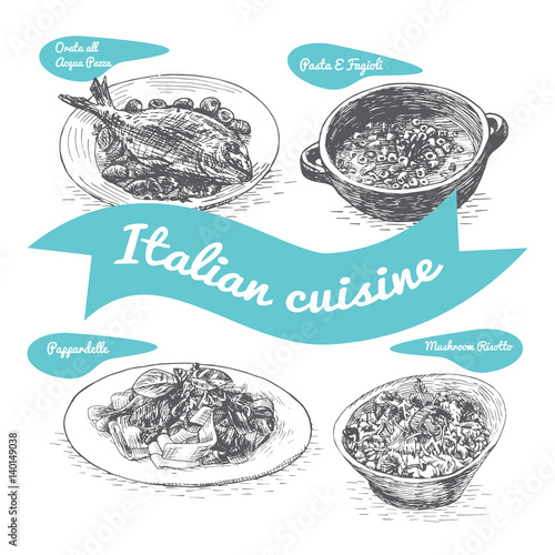 Monochrome vector illustration of Italian cuisine.