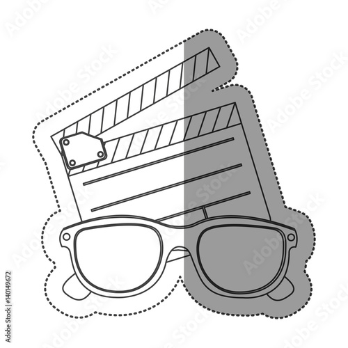 monochrome contour sticker with clapper board and 3d glasses vector illustration