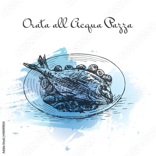 Orata All'Acqua Pazza watercolor effect illustration.