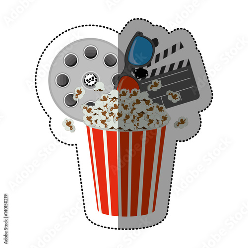colorful sticker with popcorn cup with cinematography tape and clapper board vector illustration