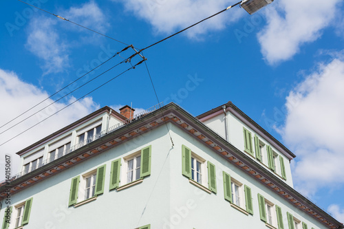 European Town House Shutters Windows Corner Perspective Architectural Shot Blue Sky Clouds
