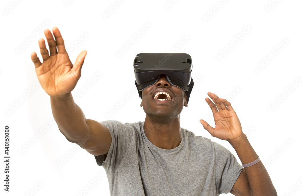 afro american man wearing virtual reality vr 360 vision goggles enjoying video game afro american man wearing virtual reality vr 360 vision goggles enjoying video game