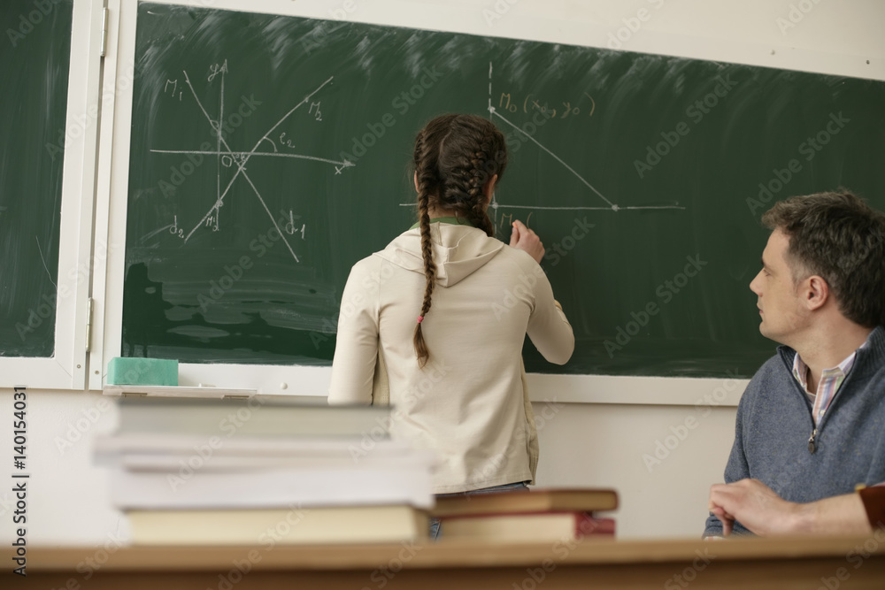Εκτύπωση καμβά Teenage girl writing on blackboard, teacher is watching her