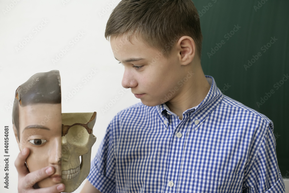 Εκτύπωση καμβά Teenage boy holding a model of a human head in his hand