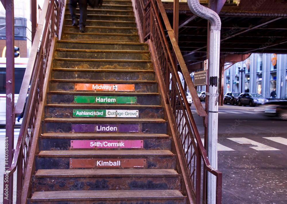 custom made wallpaper toronto digitalMetal stairway to elevated "el" train station for many colored train lines in Chicago's south loop.