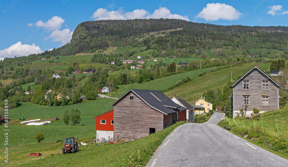 Small village at Vangsvatnet lake, Voss , Norway.