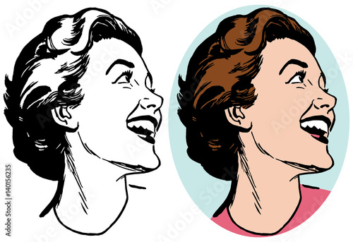 A laughing woman looking up