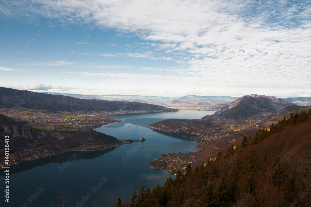 Annecy Lake Aerial View from Col De Forclaz Viewpoint in French Alps. Horizontal