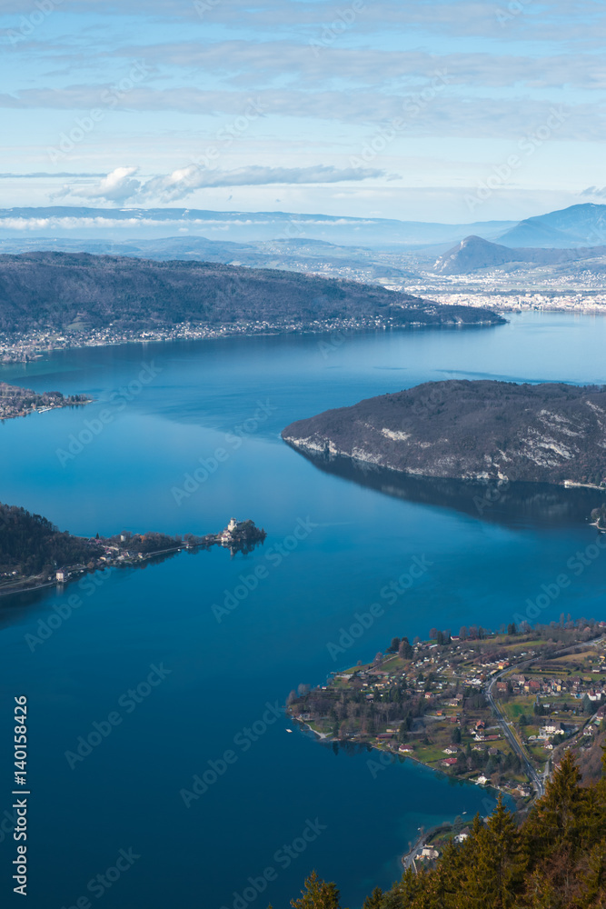 Naklejka premium Annecy Lake Aerial View from Col De Forclaz Viewpoint in French Alps. Vertical