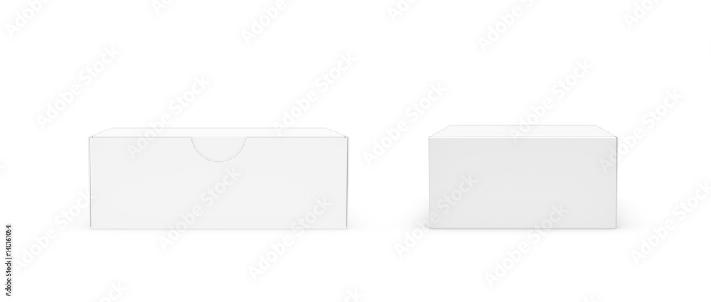 3d rendering of a white rectangular box with a closed attached lid in front and back views on white background. 3d rendering of a white rectangular box with a closed attached lid in front and back views on white background.