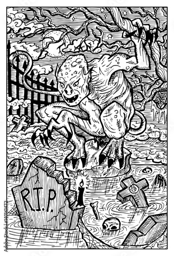 Ghoul, cemetery vampire. Engraved fantasy illustration. See all collection in my portfolio