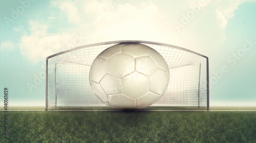 Oversized soccer ball stuck in goal.