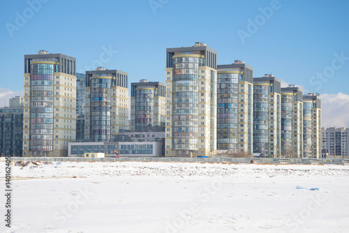 A view of a modern housing estate  on Vasilyevsky Island in the sunny February afternoon. St. Petersburg