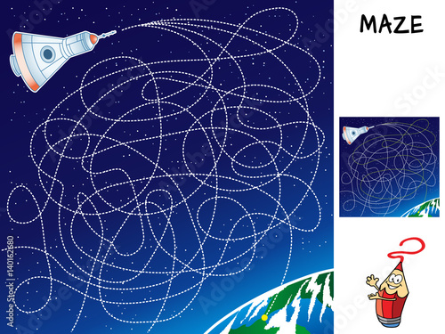 Chart the course to Earth. Educational maze game for children. Cartoon vector illustration