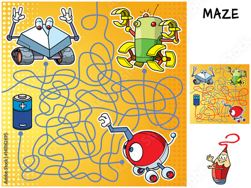 Which of the three robots will get a battery? Educational maze game for children. Cartoon vector illustration