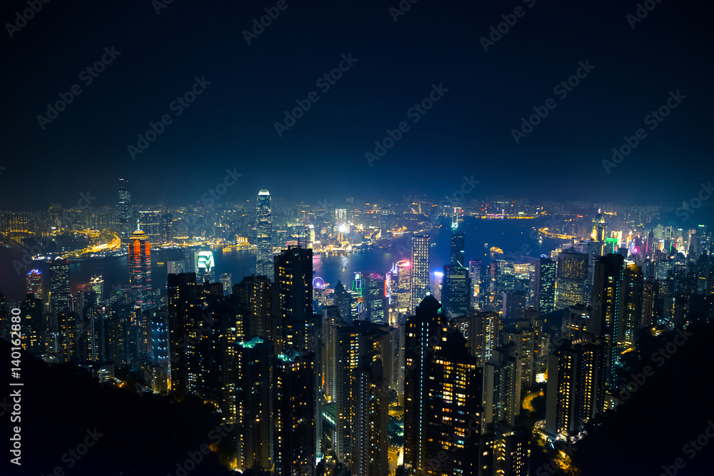 top view of Hong Kong skyline view from kowloon side,colorful night life,cityscape