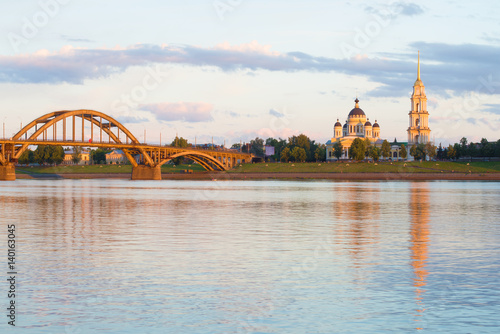 Transfiguration cathedral in the Volga river embankment, July evening. Rybinsk, Russia