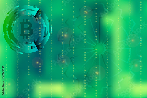 Vector picture with blurred background on for illustration of movement in digital business with binary code and bitcoin symbol in green