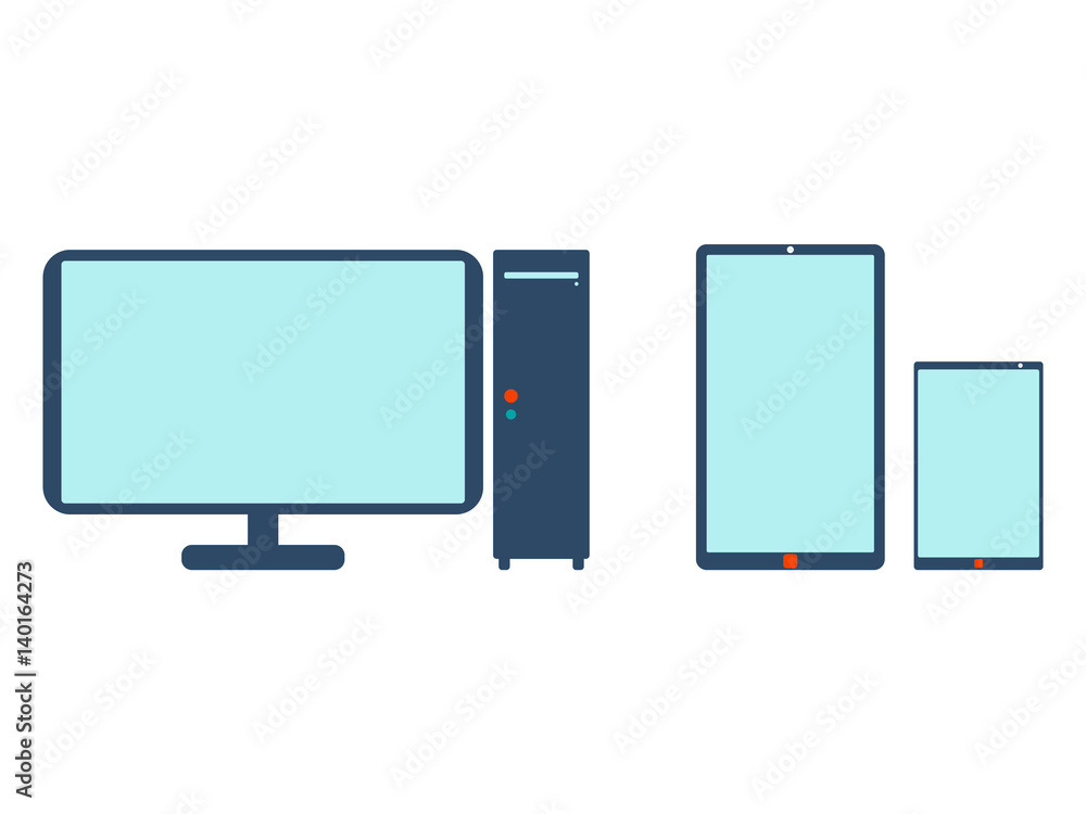 Computer, mobile phone and tablet icon. Flat Vector illustration on white background.Flat Vector illustration on white background. Computer, mobile phone and tablet icon. Flat Vector illustration on white background.Flat Vector illustration on white background.