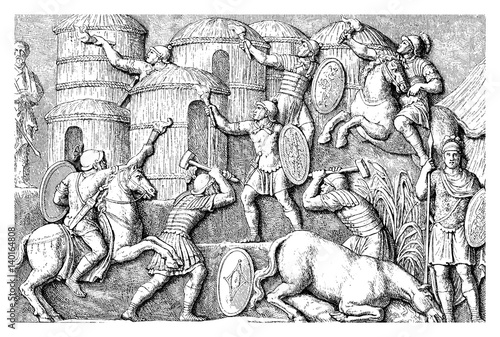 Photography Vintage engraving representing the destruction of a German village by hand of Ro