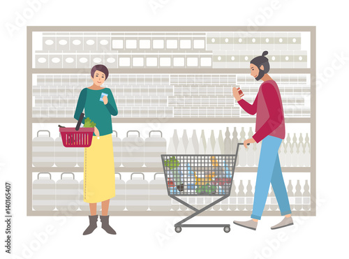 Concept for supermarket or shop. People with shopping cart choose products near the rack. Shoppers girl and guy with food, purchases. Colorful flat vector illustration.
