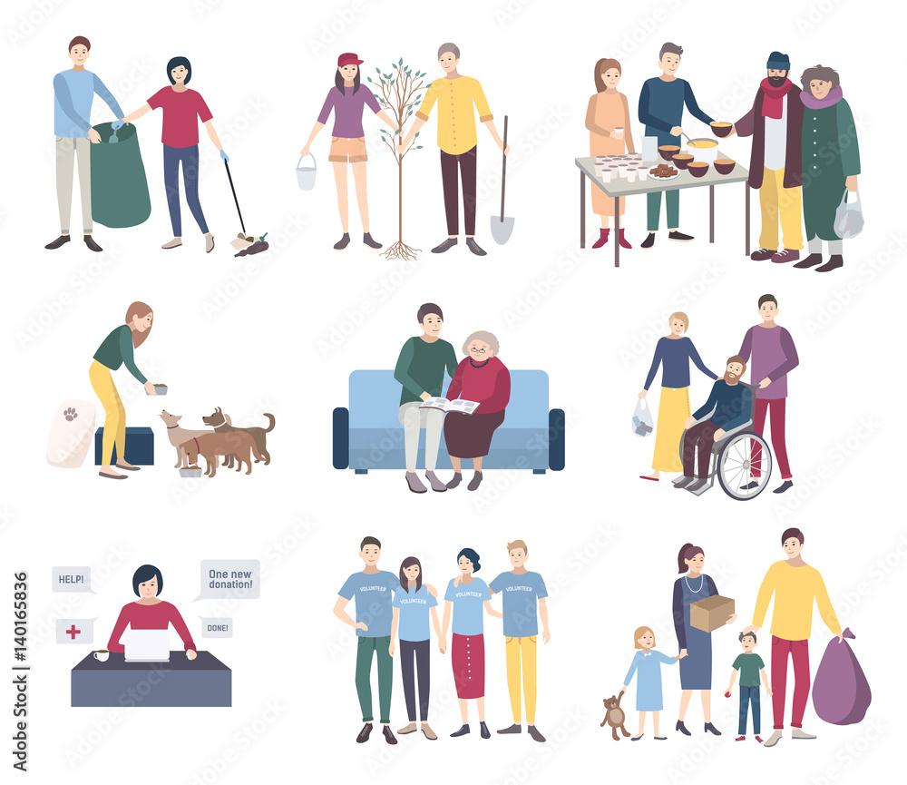 Young volunteers set. Flat vector illustration collection. Help the homeless, scavengery, helping to disabled and elderly people, animals, tree planting. Volunteering concept.