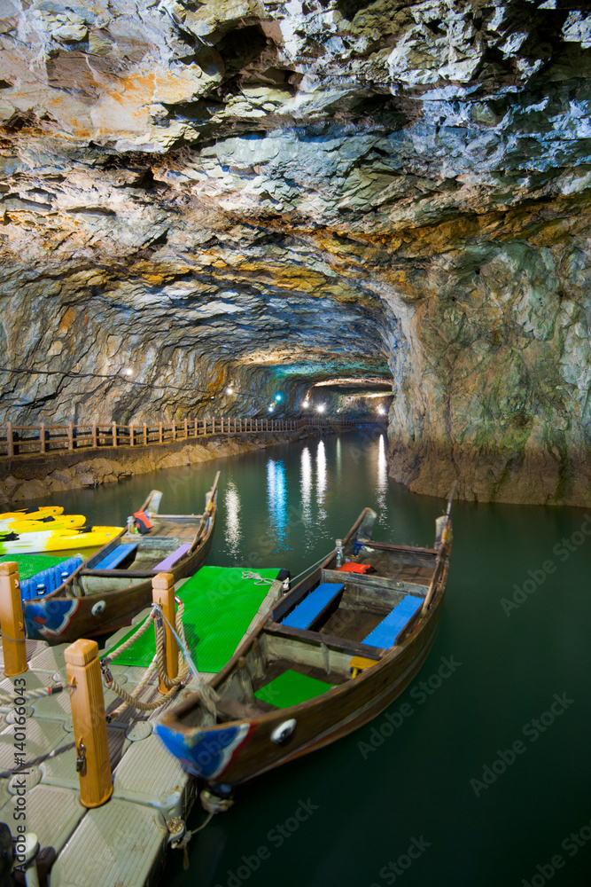 Beihai Tunnel Military Cave Docked Tourist Boats on Nangan Island in Matsu, Taiwan