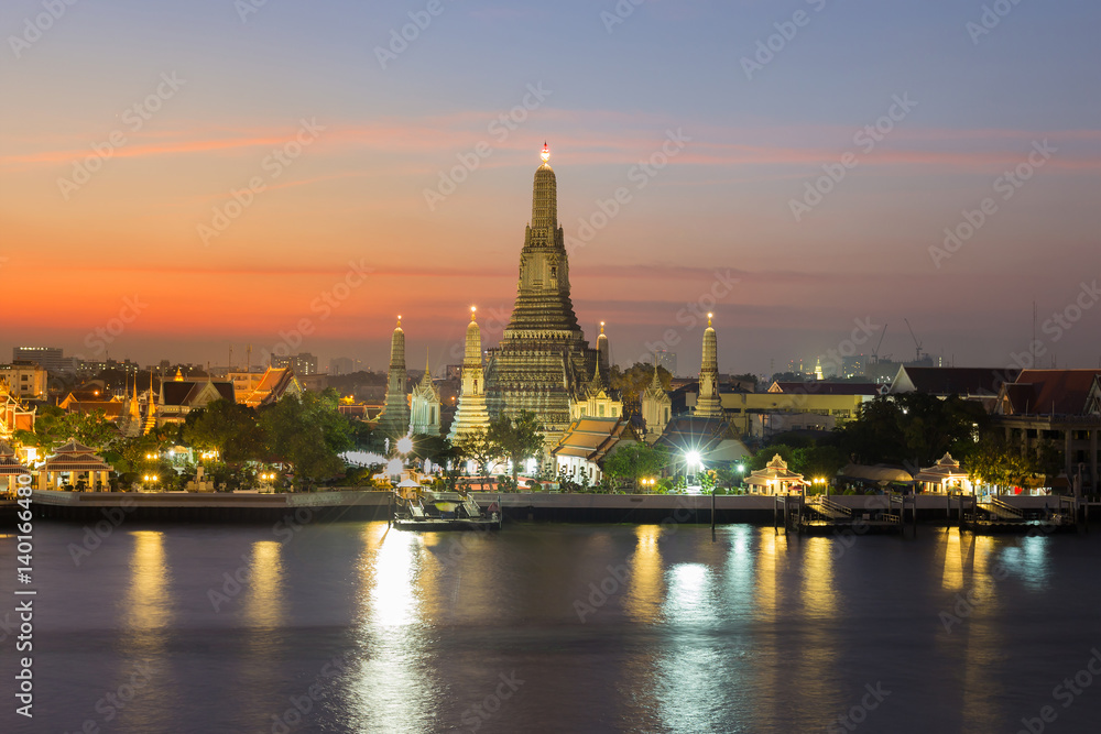 Beauty sunset sky, Arun temple over Bagnkok central river,  Thailand landmark