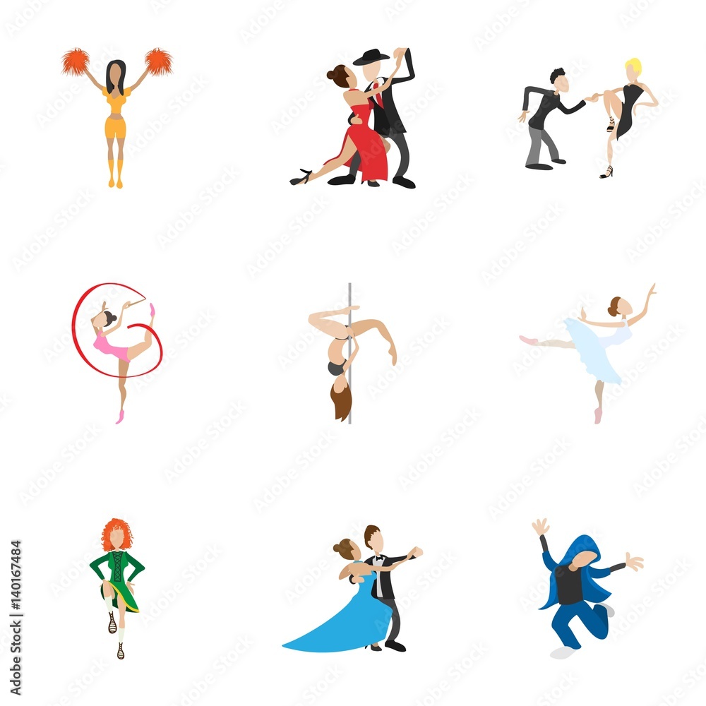 Types of dances icons set, cartoon style