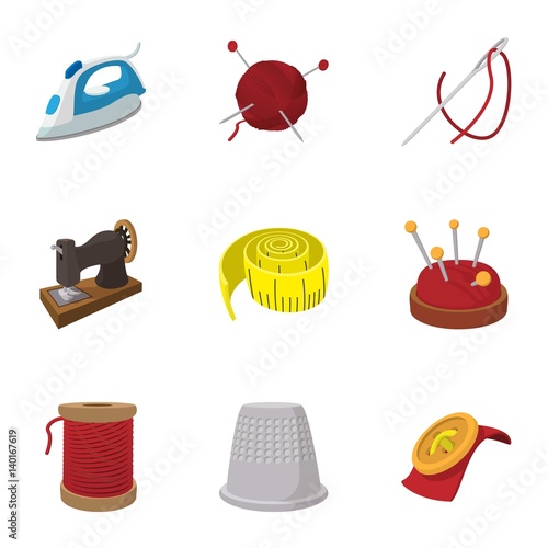 Accessories for sewing workshop icons set