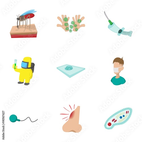 Virus malaria icons set, cartoon style