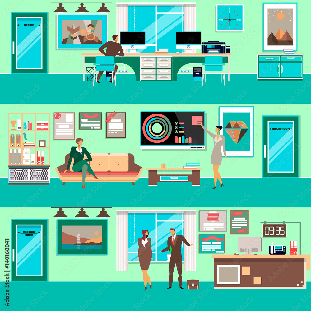 Vector modern office workspace set in flat style Vector modern office workspace set in flat style