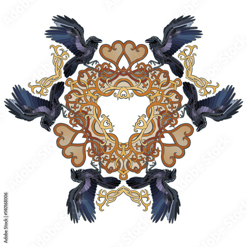 Vector illustration of ravens in love hearts Celtic style triangle ornament colorful 