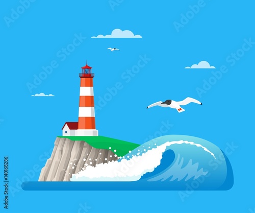 Vector illustration of seascape with lighthouse in flat style