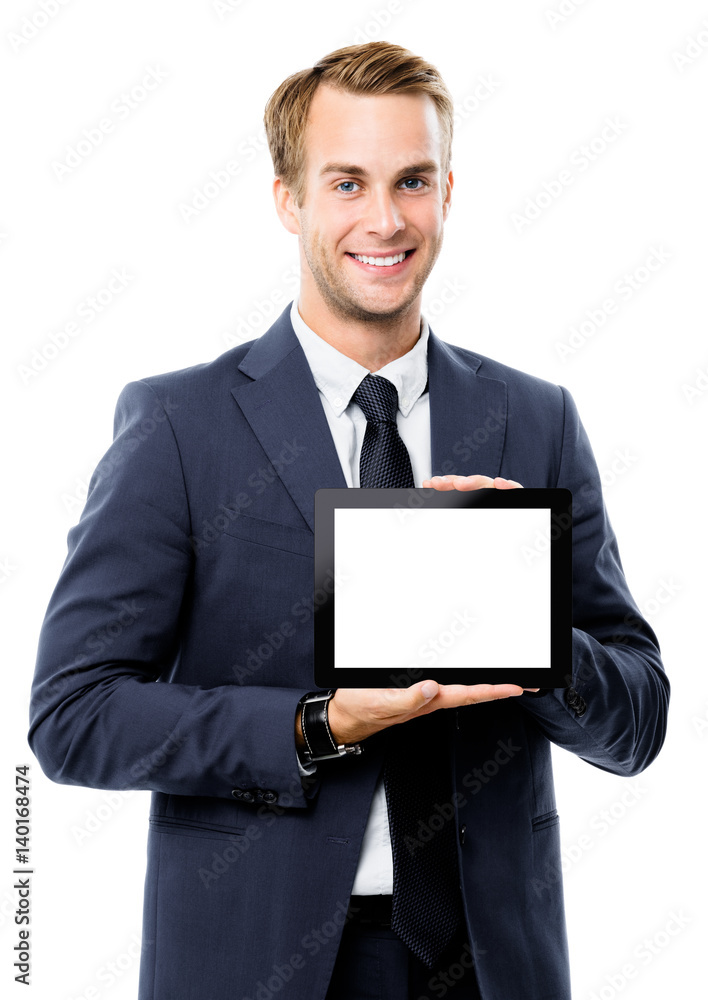 Businessman showing blank tablet pc Businessman showing blank tablet pc