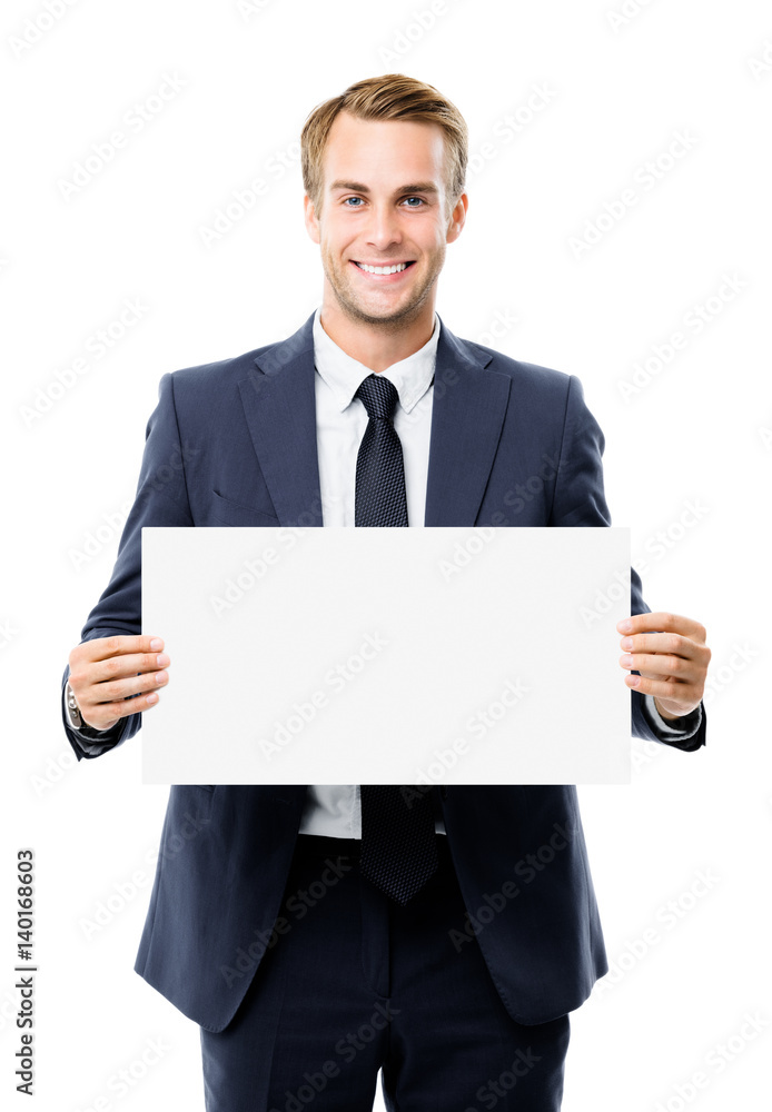 businessman showing signboard with copyspase businessman showing signboard with copyspase