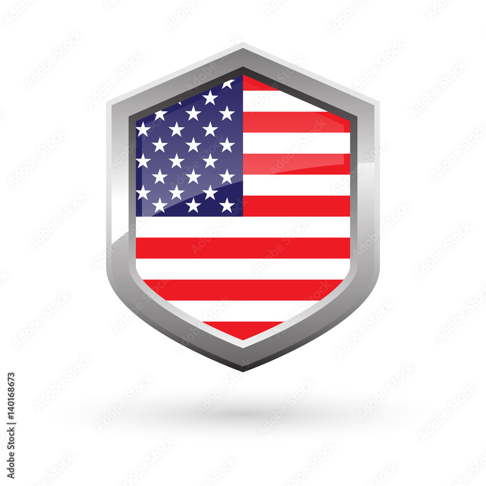 Shiny national flag of USA metal shield with shadow, vector illustration Shiny national flag of USA metal shield with shadow, vector illustration