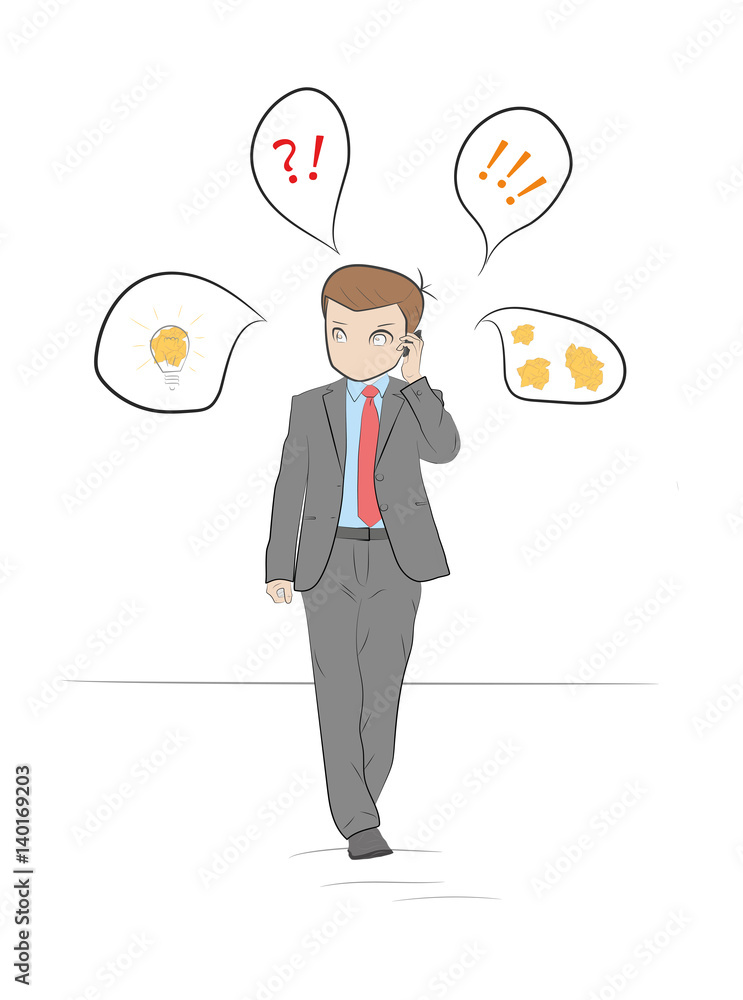 businessman around his head whirling clouds of thought. search ideas concept. vector illustration. businessman around his head whirling clouds of thought. search ideas concept. vector illustration.