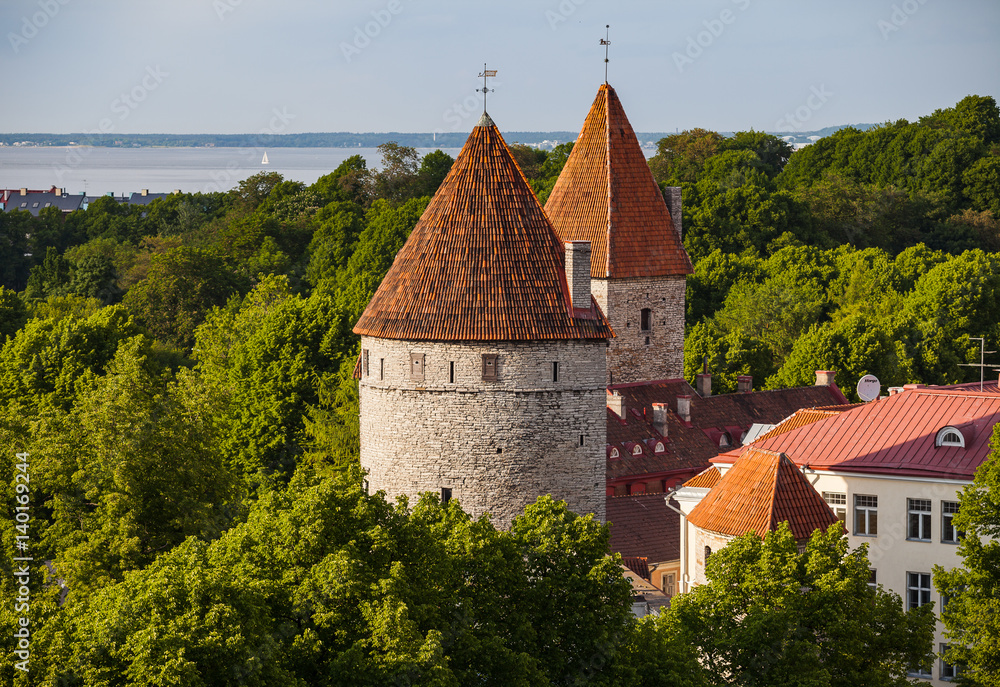Medieval towers of old town of Tallinn. Summer green season.
