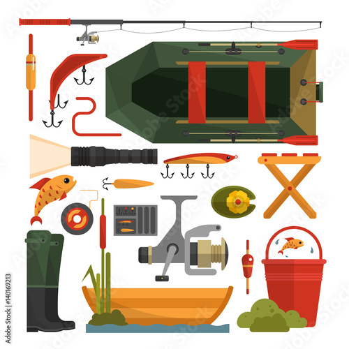 Vector set of fishing equipment icons in flat style