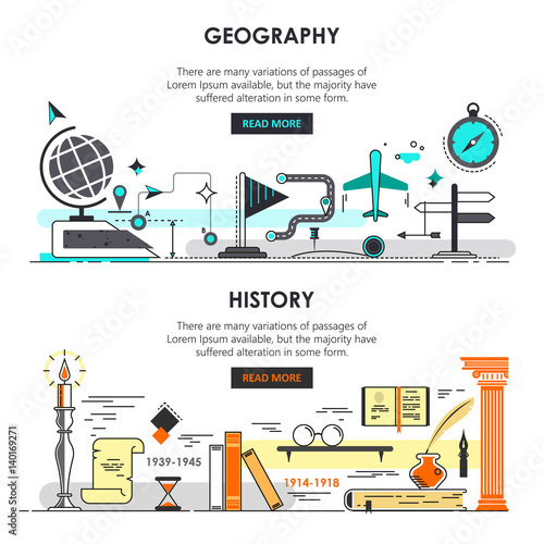 Vector set of modern thin line history and geography banners
