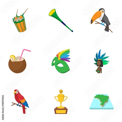 Tourism in Brazil icons set  cartoon style