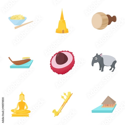 Tourism in Thailand icons set, cartoon style