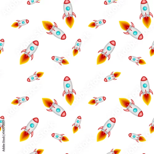 Tapety Wzór. Urocze jasne rakiety na ciemnoniebieskim tle kosmosu i gwiazd. Ilustracja dla dzieci. Projekt jest idealny do drukowania na tkaninie, papierze i innych powierzchniach.