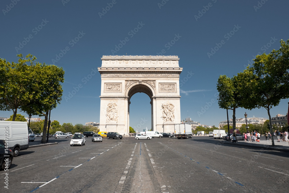 Arc De Triomphe Front Street View with Car Traffic in Paris, France. Horizontal Arc De Triomphe Front Street View with Car Traffic in Paris, France. Horizontal